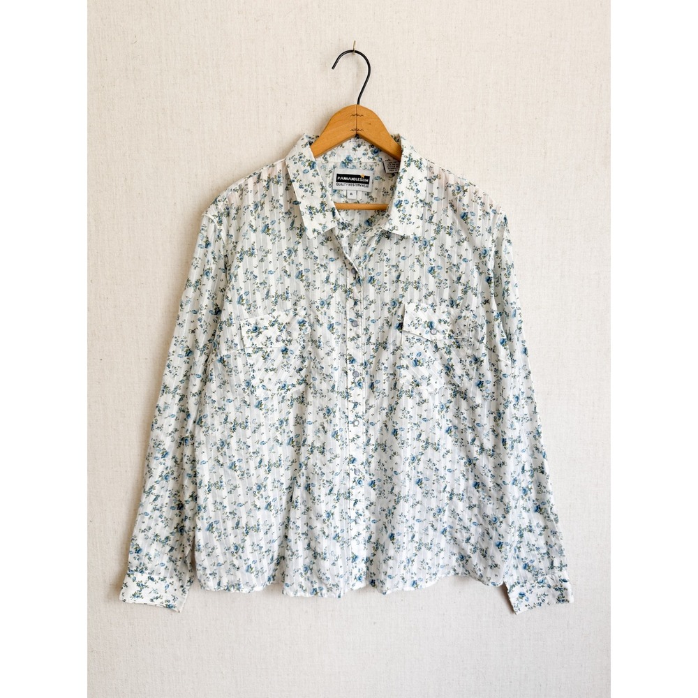 Panhandle Slim Western Shirt Floral Pearl Snap‎ XL White Blue Stripe Long Sleeve